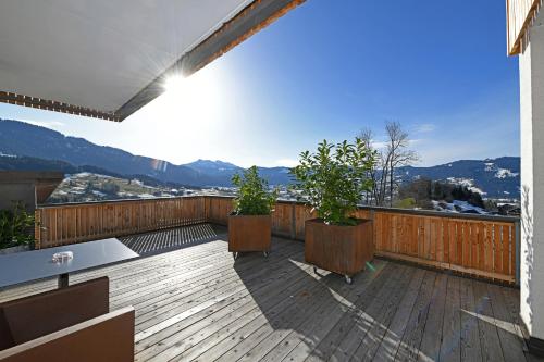 a wooden deck with two potted plants on it at Hotel St Hubertus in Egg