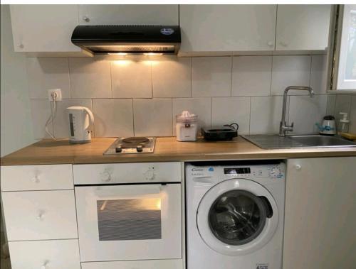 a kitchen with a washing machine and a sink at Eleni's Central DownTown Quitness in Athens