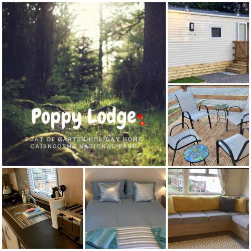 a collage of pictures of a porch with a bed and chairs at Poppy Lodge in Boat of Garten