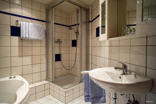 a bathroom with a shower and a sink and a tub at Hotel Restaurant Wolfsschlucht GmbH in Bad Münstereifel