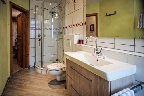 a bathroom with a sink and a toilet and a shower at Hotel Restaurant Wolfsschlucht GmbH in Bad Münstereifel