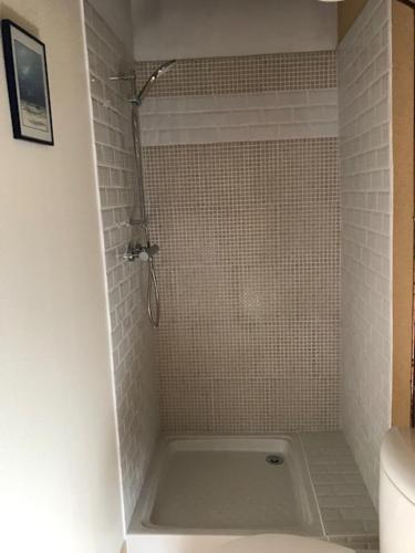 La salle de bains est pourvue d'une douche, de toilettes et d'une baignoire. dans l'établissement Chambre d'hôtes Lasserre, à Saint-Amand-de-Coly