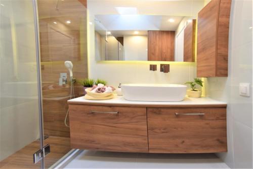 a bathroom with a sink and a shower at Villa Sofias in Pefkochori