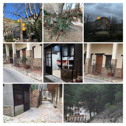 een collage van foto's van een gebouw met een boom bij Casas Rurales Hoz del Júcar in Alcalá del Júcar