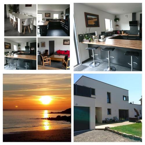 un collage de photos d'une maison et d'un coucher de soleil dans l'établissement TY SAM - 2 Appartements dont 1 Grande Terrasse vue mer proche plages et commerces, à Trébeurden