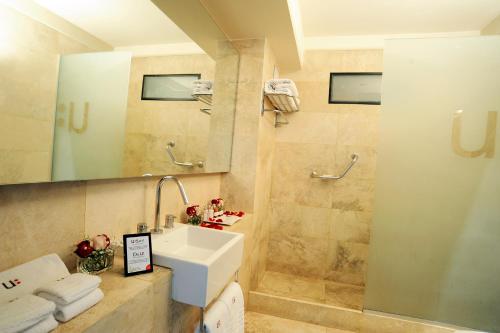 a bathroom with a sink and a shower at Urban Suites Recoleta Boutique Hotel in Buenos Aires