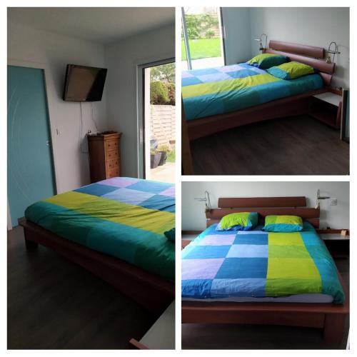 - deux photos d'une chambre avec un lit et une télévision dans l'établissement TY SAM BELLE MAISON MODERNE 8 à 10 personnes - PROCHE plages et commerces, à Trébeurden