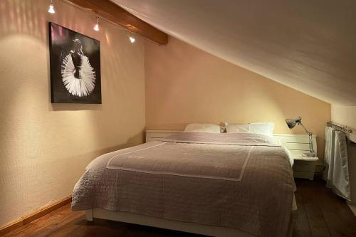 1 dormitorio con 1 cama y una foto en la pared en Charmant Duplex, à 10 min de là frontière, Ornex en Ornex