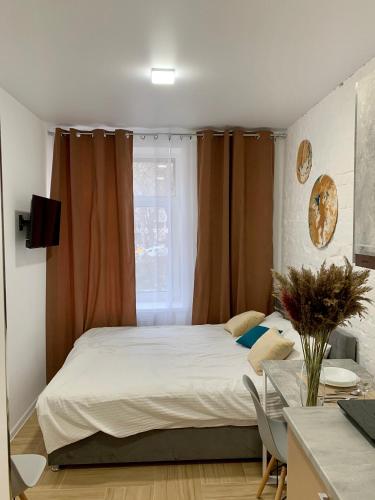 ein Schlafzimmer mit einem großen Bett und einem Fenster in der Unterkunft MYFREEDOM Апартаменти метро Лук'янівська in Kiew