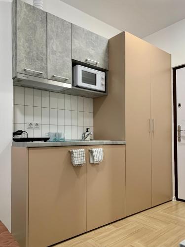 a kitchen with stainless steel cabinets and a microwave at Апартаменти MYFREEDOM поруч із метро Лук'янівська in Kyiv