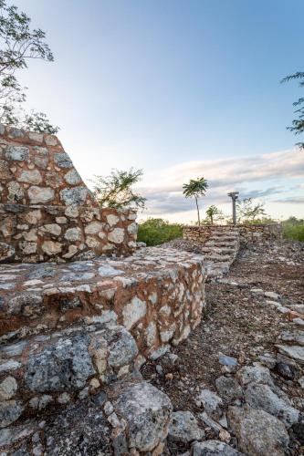 a stone wall with a palm tree in the background at Xuux Peek by Tecnohotel in Yaxché