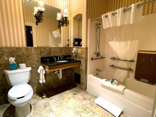 a bathroom with a toilet and a sink and a tub at Celebrity Boutique Hotel in Deadwood
