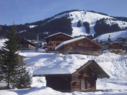 a ski lodge in the snow with a mountain at Hôtel Le Kandahar in Châtel