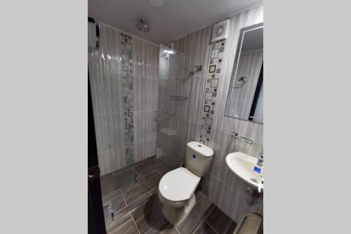 y baño con aseo y lavamanos. en Hermoso y cómodo apartamento, en San Rafael