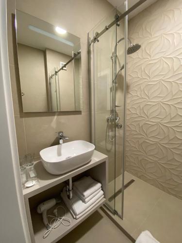 a bathroom with a sink and a glass shower at Pensiunea Agroturistica Marco in Dumbrăviţa