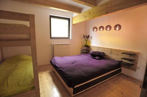 a bedroom with two bunk beds and a window at Vila Negras in Trăisteni