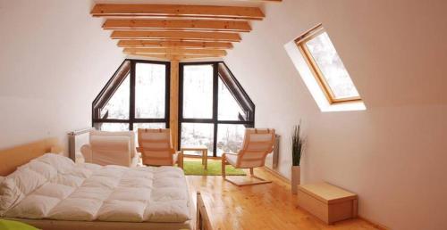 sala de estar con cama, sillas y ventana en Vila Negras en Trăisteni
