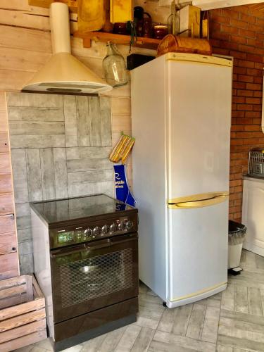 a kitchen with a white refrigerator and a stove at "Будиночок гедоніста" in Tukhlya