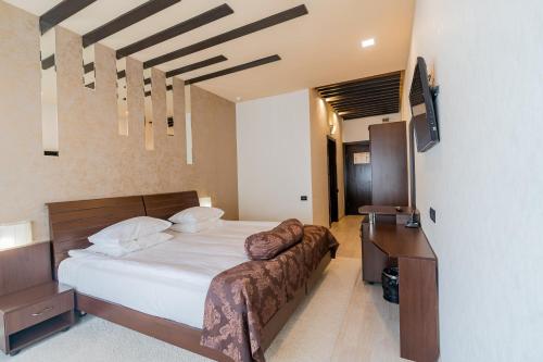 a bedroom with a bed and a desk and a television at Hotel Belvedere in Braşov