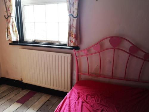 een slaapkamer met een roze bed en een raam bij English Riviera Coves and Beaches in Dartmouth