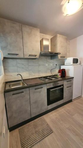 a kitchen with a stove and a sink and a refrigerator at Appartement neuf dans maison in Villargondran