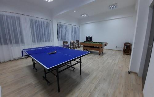 a room with a blue ping pong table in it at Jianca Pensiune Agroturistică in Bogea