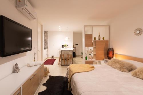 1 dormitorio con 1 cama y TV de pantalla plana en Cbmona Suites en Villa Mercedes