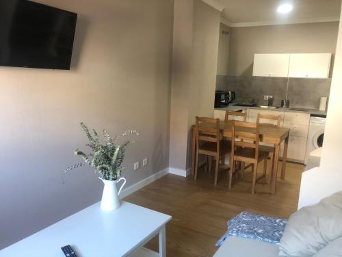 a living room and kitchen with a vase of flowers at ESTUDIO Zona Norte Santiago de Compostela VUTCO-04046 in Santiago de Compostela