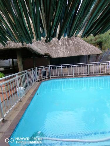 a large blue swimming pool with a thatch roof at Lytton Cresent B&B in Pinetown