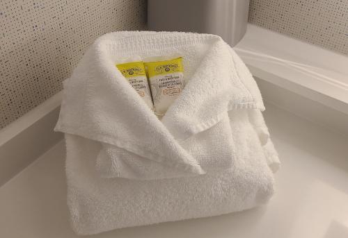 a white towel with two books on a shelf at Holiday Inn Express Lordstown-Newton Falls/Warren by IHG in Newton Falls