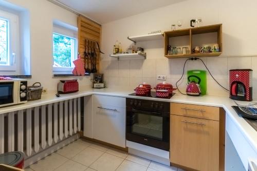 a kitchen with a stove and a microwave at Ferienhaus Peggy in Kurort Oybin
