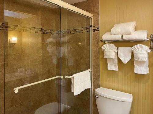 a bathroom with a shower and a toilet and towels at Clarion Hotel & Conference Center in Toms River