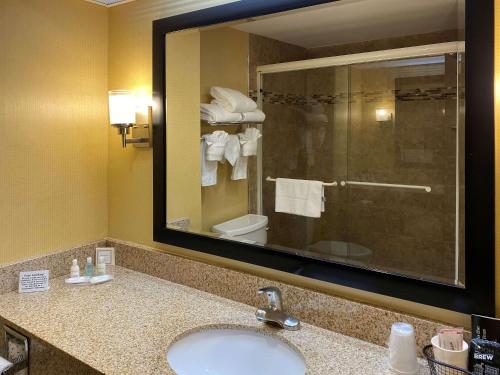 a bathroom with a sink and a large mirror at Clarion Hotel & Conference Center in Toms River