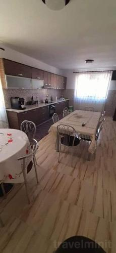 a kitchen with a table and chairs in a room at Pensiunea Magura Ocnei in Tîrgu Ocna