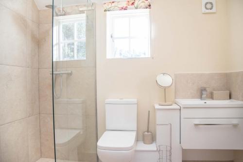 a bathroom with a toilet and a sink and a shower at Mill Cottage, Tunstall in Tunstall