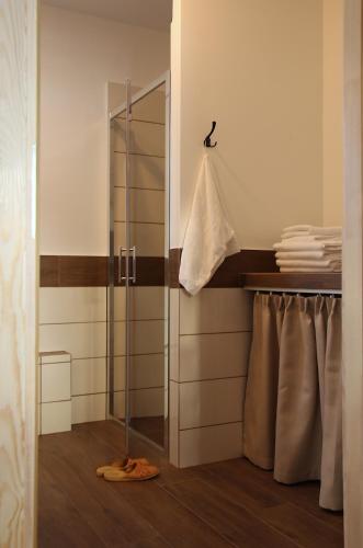 a bathroom with a glass shower stall and a towel at Domek Chmielnik in Pieszyce