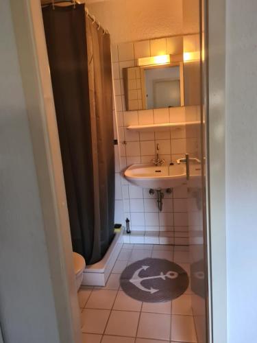 une salle de bain avec un lavabo, des toilettes et une douche dans l'établissement Stadtnah an der Förde 144, à Flensbourg
