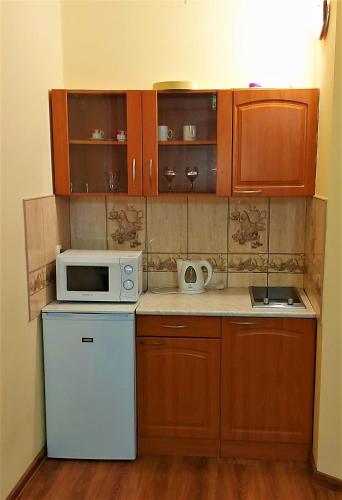 a small kitchen with a microwave and a refrigerator at Penzión Korzo in Štúrovo