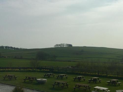 a group of picnic tables in a field at The Jug & Glass Inn in Hartington