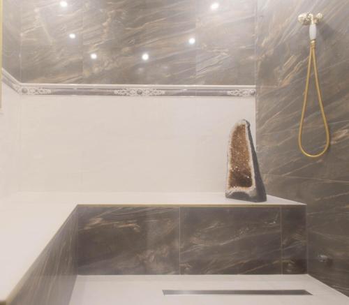 un bagno con doccia con una roccia su una mensola di Villa Palace Al Nera a Trogir