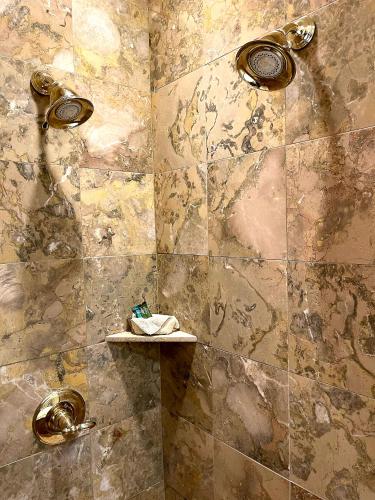 a bathroom with a shower with a stone wall at Celebrity Boutique Hotel in Deadwood