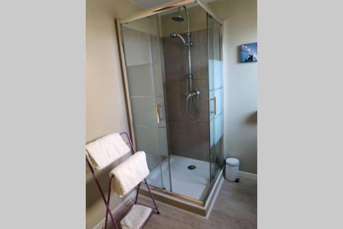 La salle de bains est pourvue d'une douche en verre avec 2 chaises. dans l'établissement T2 rez-de-jardin Piscine 3x5m près d'Arcachon, à La Teste-de-Buch