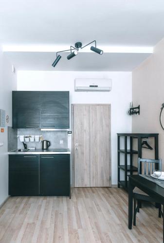 a kitchen with black cabinets and a wooden door at Brother House Kaunas in Kaunas