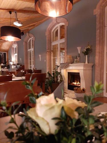 a living room with a fireplace in the middle of it at Restaurant & Hotel Zur Falkenhöhe in Falkenau