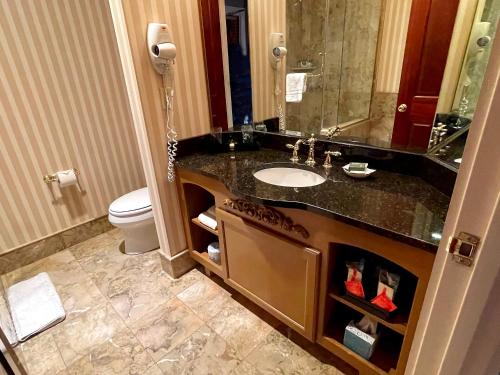 a bathroom with a sink and a toilet at Celebrity Boutique Hotel in Deadwood