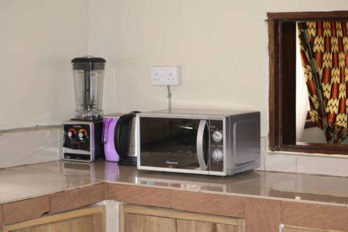 a kitchen counter with a microwave and a blender at House 1759, near River Nile in Jinja