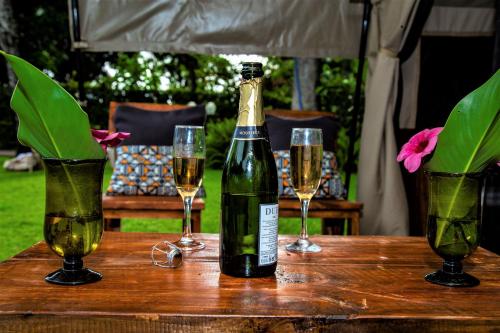 a bottle of champagne and two glasses on a table at Africa Safari Camping Mto wa Mbu in Mto wa Mbu