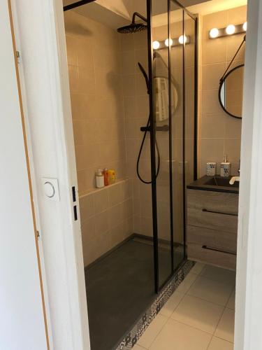 a shower with a glass door in a bathroom at Sunny Home Costa Plana-Monaco -Cap D'Ail in Cap d'Ail