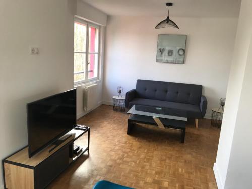 a living room with a couch and a tv at Appartement T3 Gilaldo in Anglet