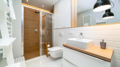 a bathroom with a toilet and a sink and a shower at Triventi Mountain Residence Apartament Sunrise in Karpacz